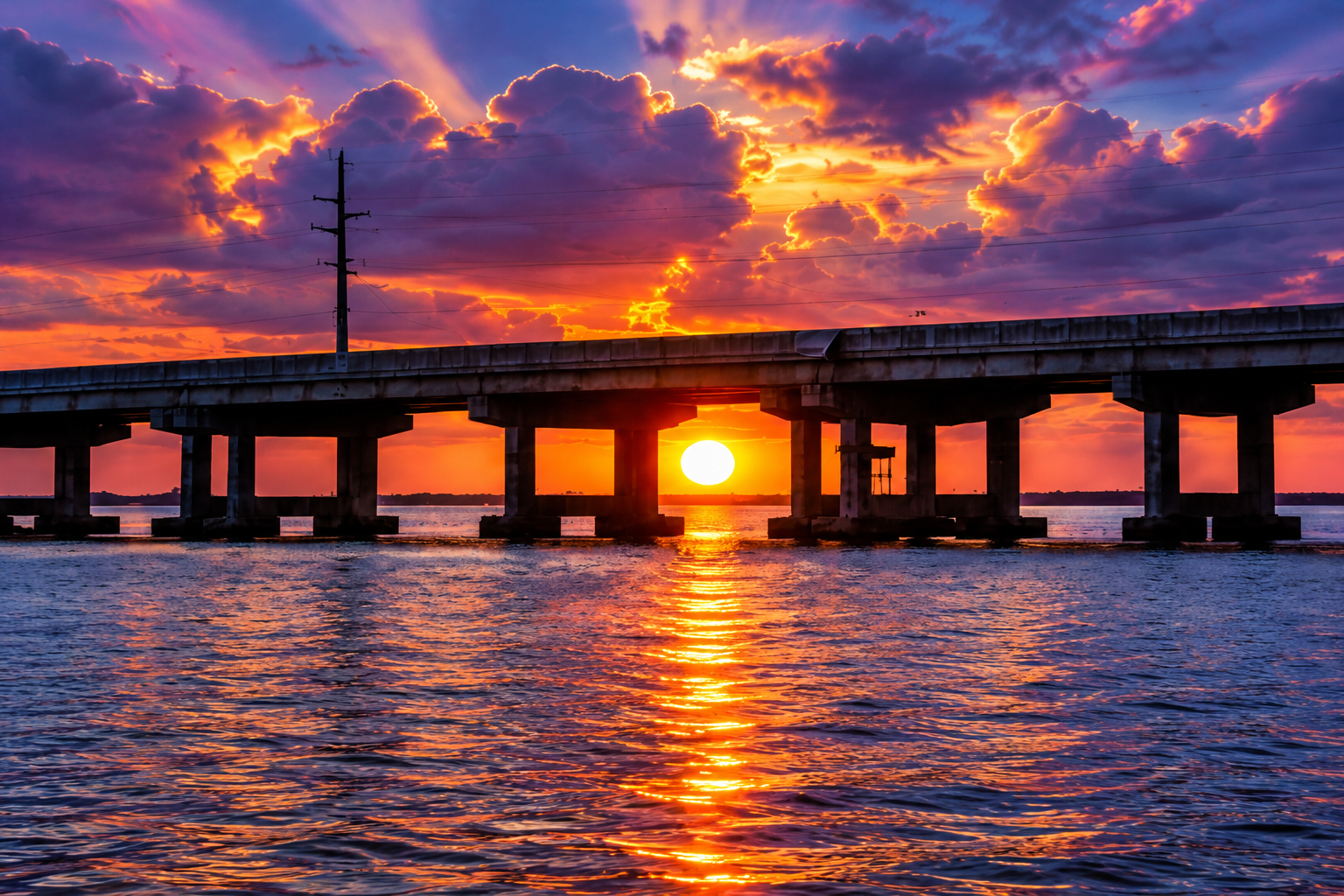 Sunset over bridge with water reflection, Florida Keys